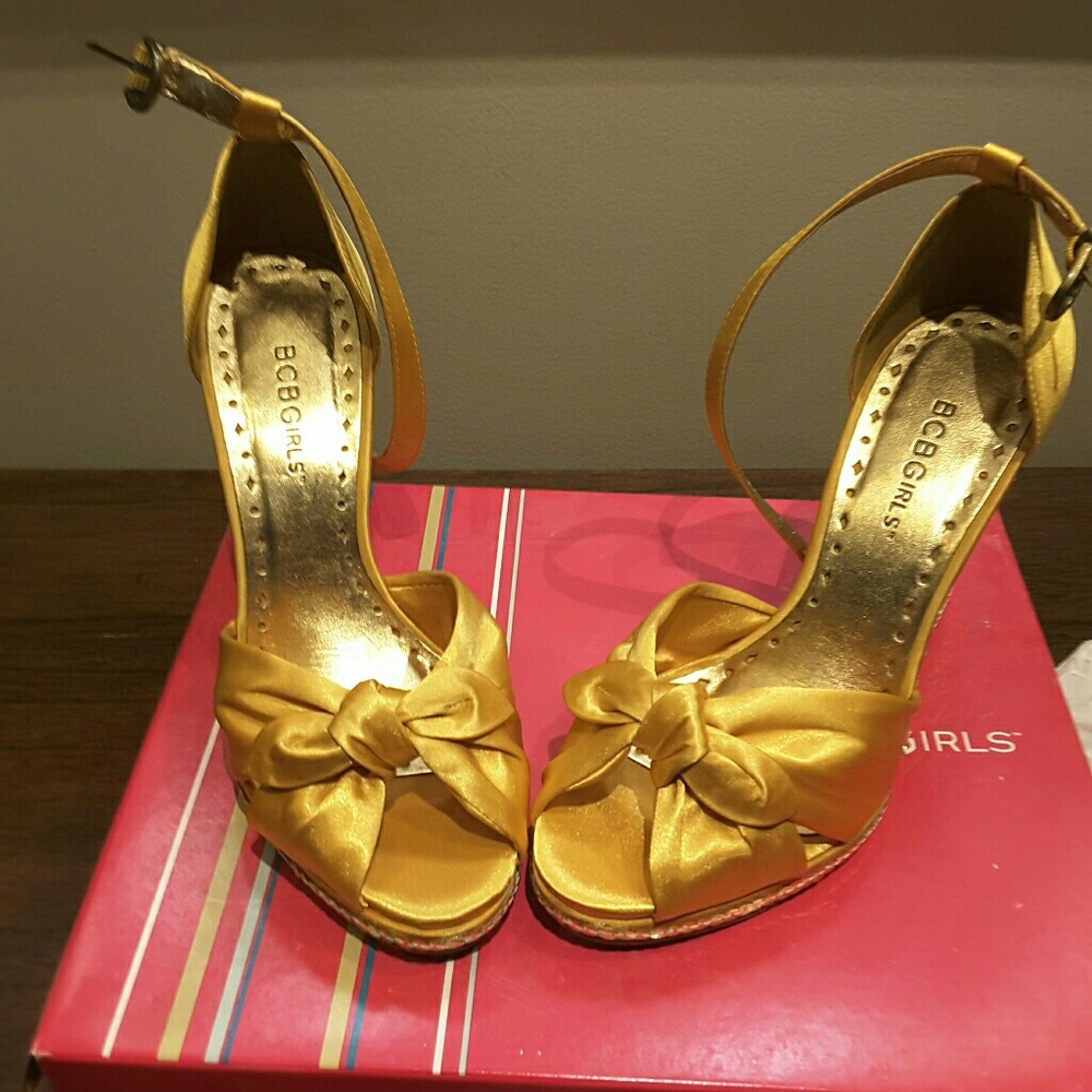 Golden yellow satin wedge